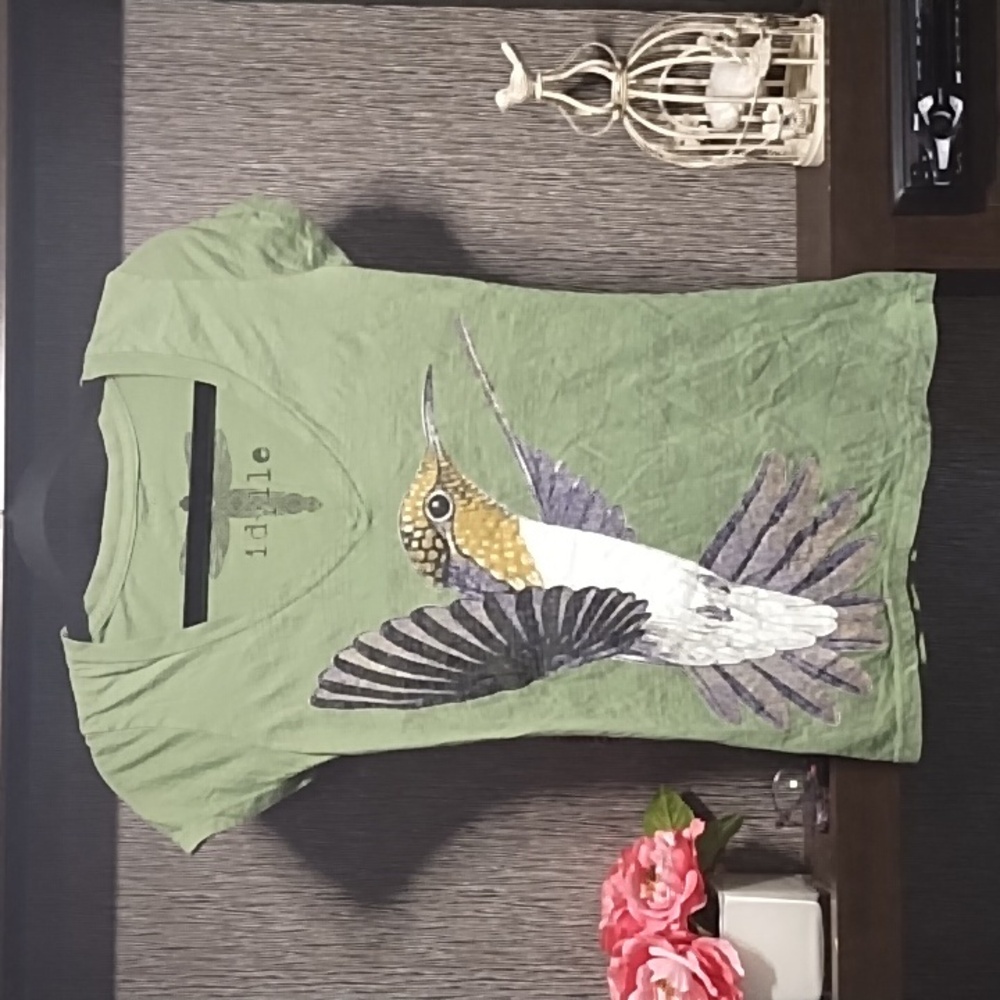 Idylle Top T-shirt Army Green Hummingbird Graphic Short Sleeves Size S